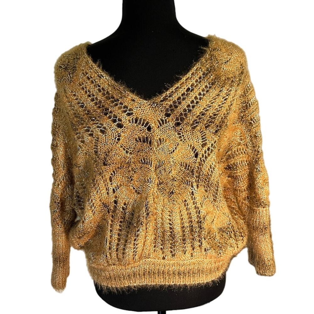 Cellabie Mustard Yellow Open Knit Cropped Sweater One Size Boho Festival Y2K - Picture 2 of 11